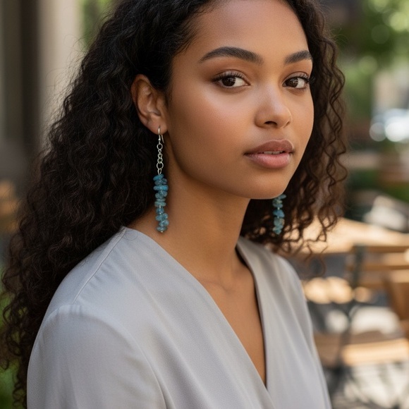 🆕 Blue Aventurine Gemstones Dangle Earrings-Stainless Steel - Picture 2 of 3